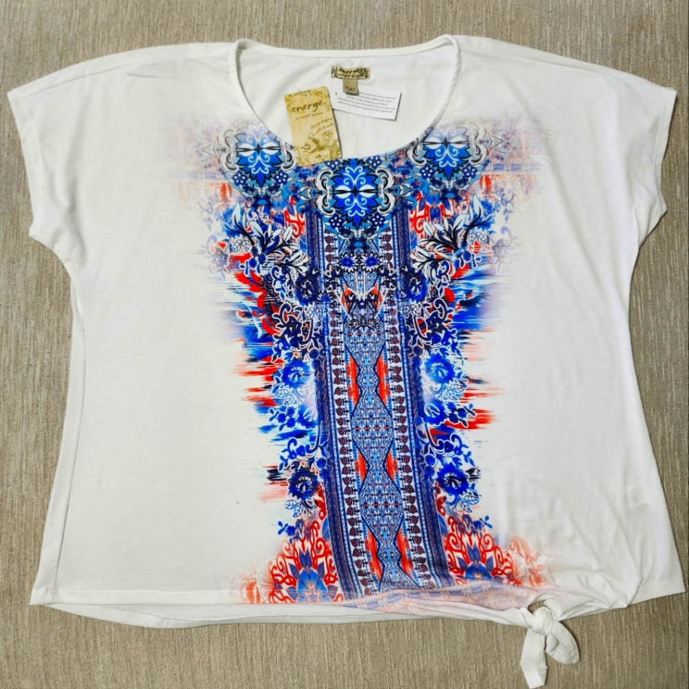Energe World Wear Round Neck Peasant Boho Botton Tie Graphic Tunic Top Sz LG NWT